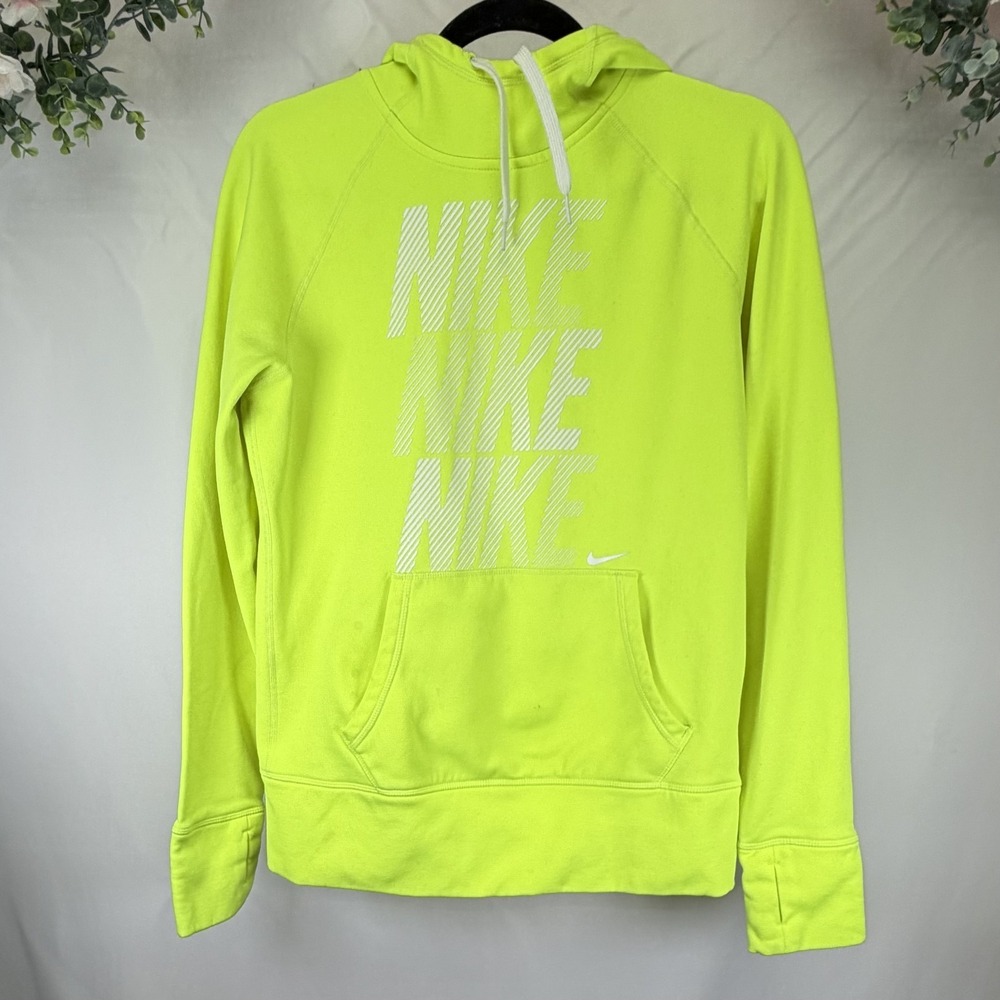 Nike Neon Hoodie Womens M Spellout Training Thumbholes Pocket Drawstring‎